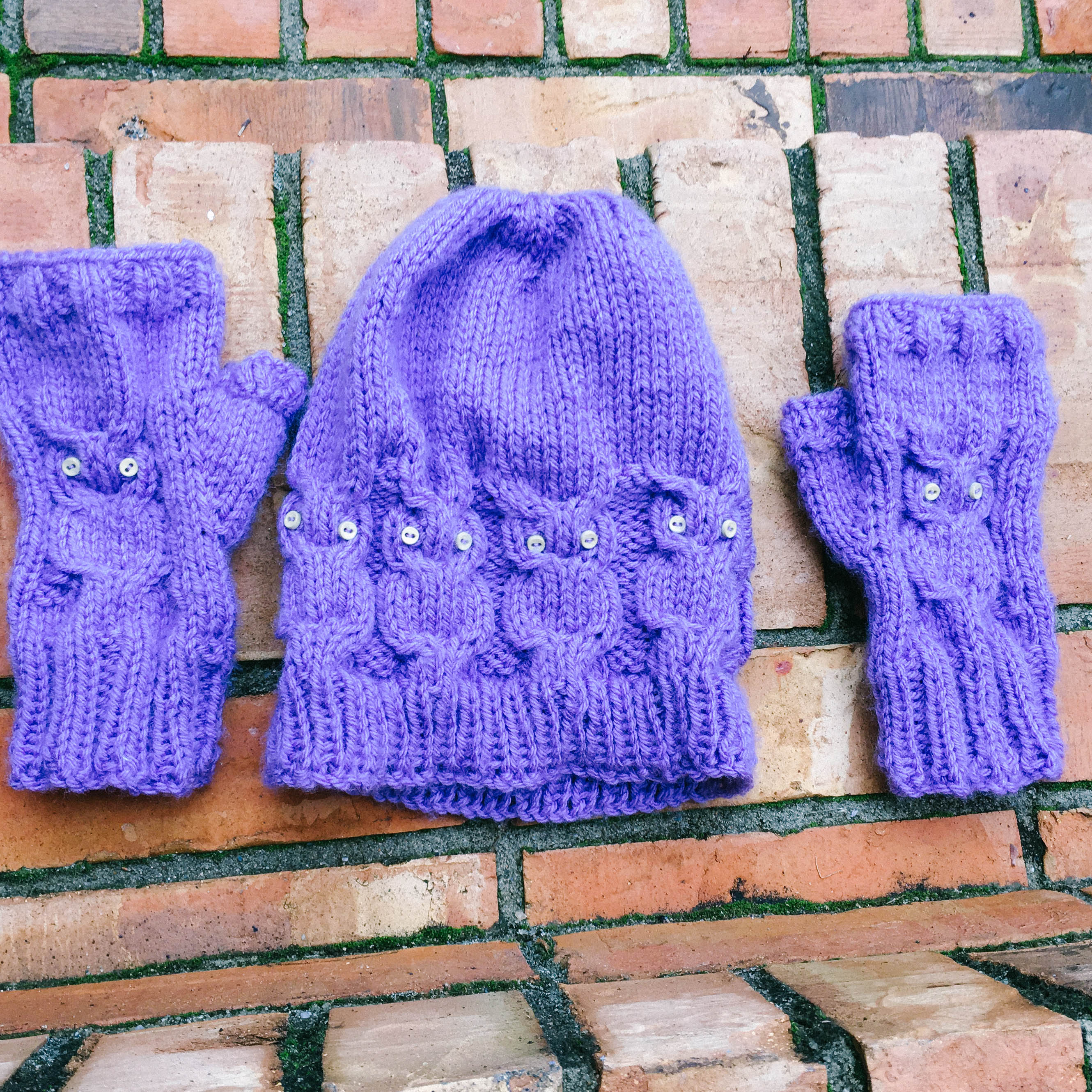 Purple beanie and gloves knitted by Cheyanne Perry of “Hospital Princess”