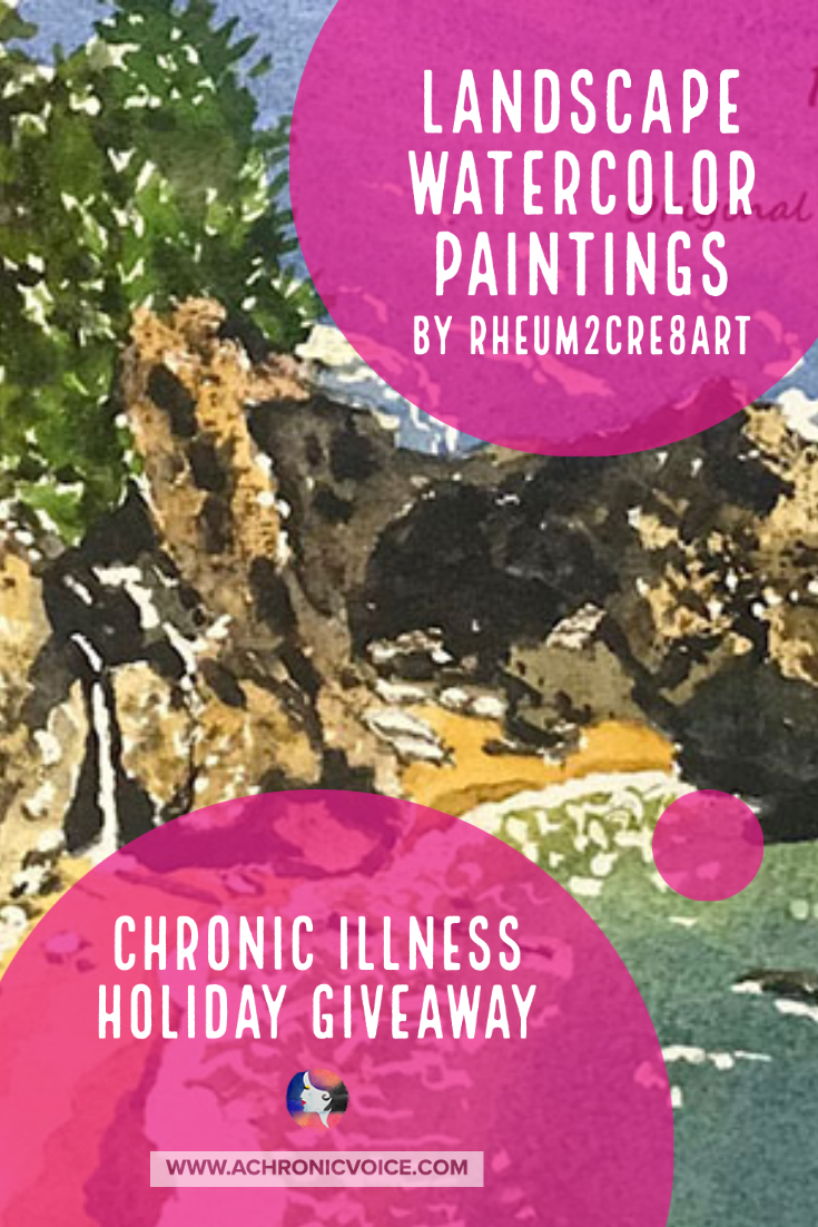 Marla Nolan of Rheum2Cre8Art is an artist who live with Rheumatoid Arthritis. Her paintings are inspired by nature, calming and evergreen to look at. She is sponsoring 2 handpainted landscape watercolor paintings in this Christmas Giveaway, framed and ready to hang!
