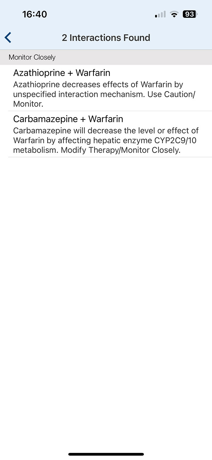 MedScape mobile app - Warfarin interactions with other medications.