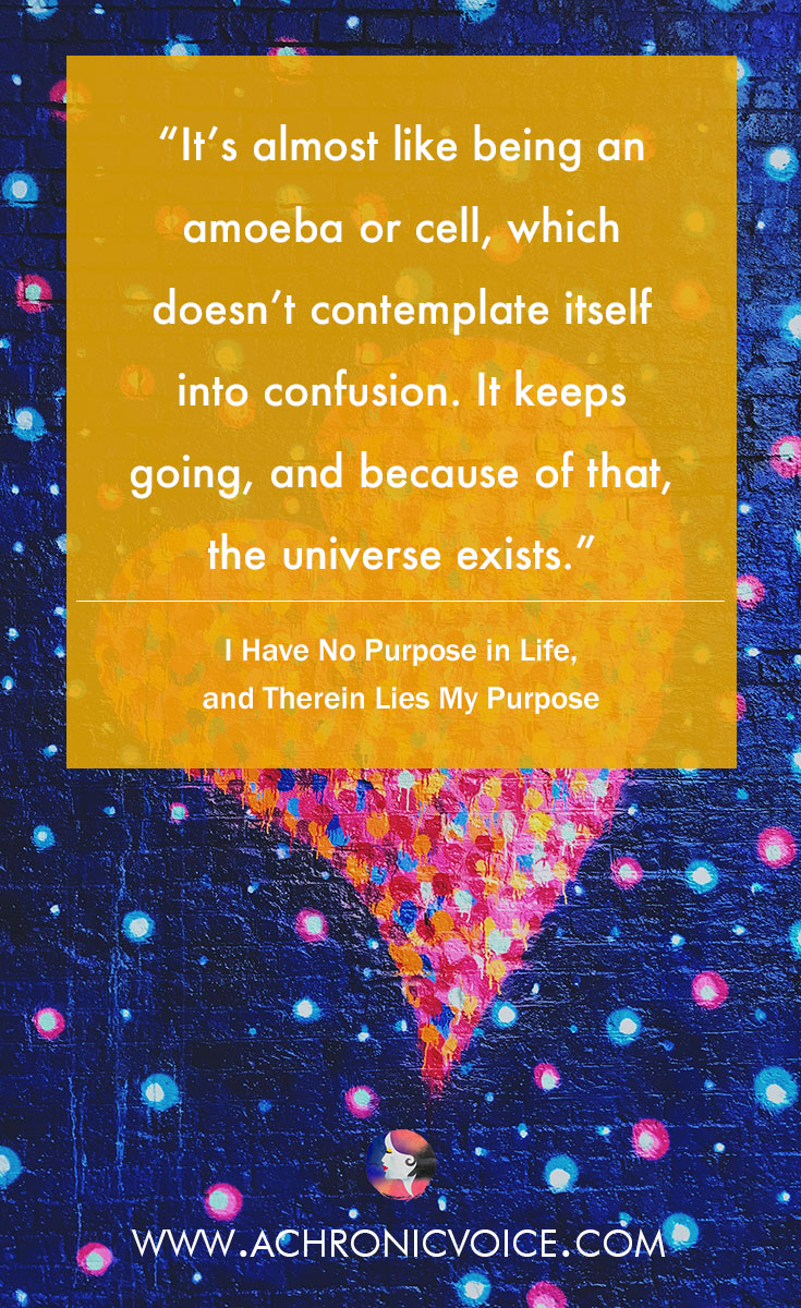 “It's almost like being an amoeba or cell, which doesn't contemplate itself into confusion. It keeps going, and because of that, the universe exists.” Read: I Have No Purpose in Life, and Therein Lies My Purpose